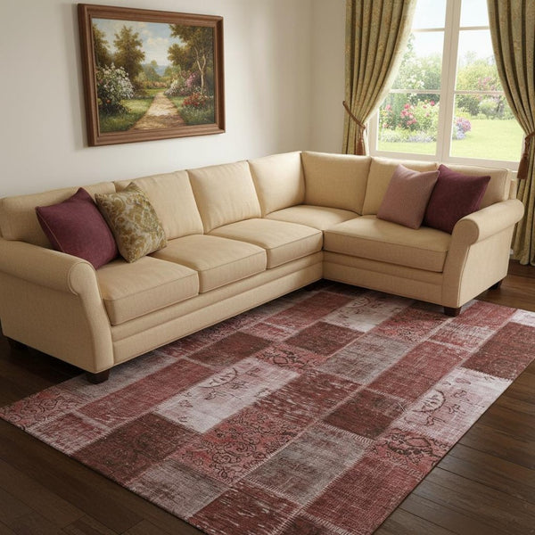 HomeRoots 10' X 14' Burgundy and Ivory Patchwork Area Rug - Stylish, Washable, UV-Protected for Homes with Pets 652923