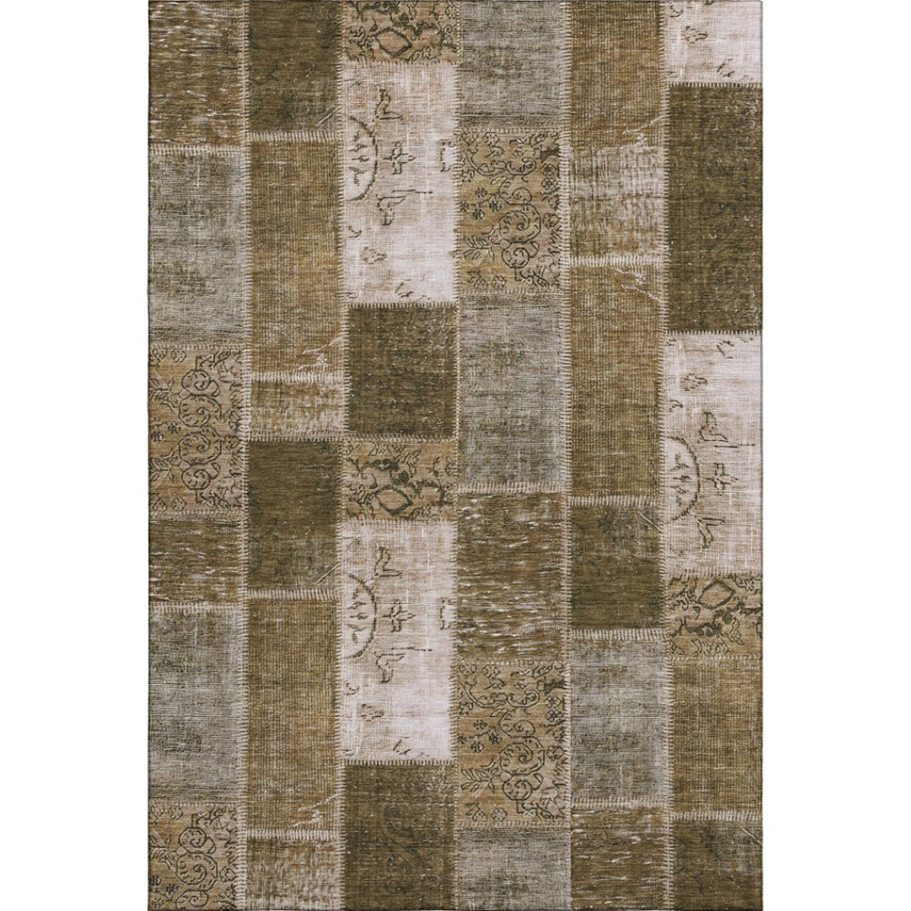 HomeRoots 5' Classic Brown and Ivory Patchwork Area Rug - Washable, UV-Protected, Non-Slip, Durable Design 652925