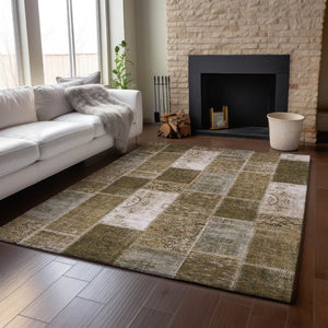 HomeRoots 8' X 10' Brown and Ivory Patchwork Washable Area Rug - Durable, Stain-Resistant, UV Protected Comfort 652927