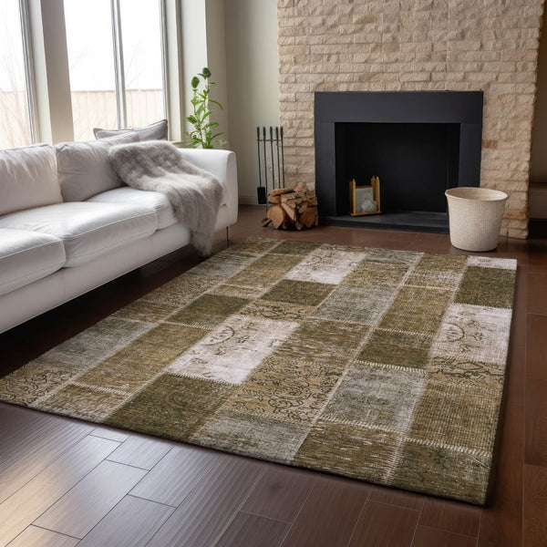 HomeRoots 8' X 10' Brown and Ivory Patchwork Washable Area Rug - Durable, Stain-Resistant, UV Protected Comfort 652927
