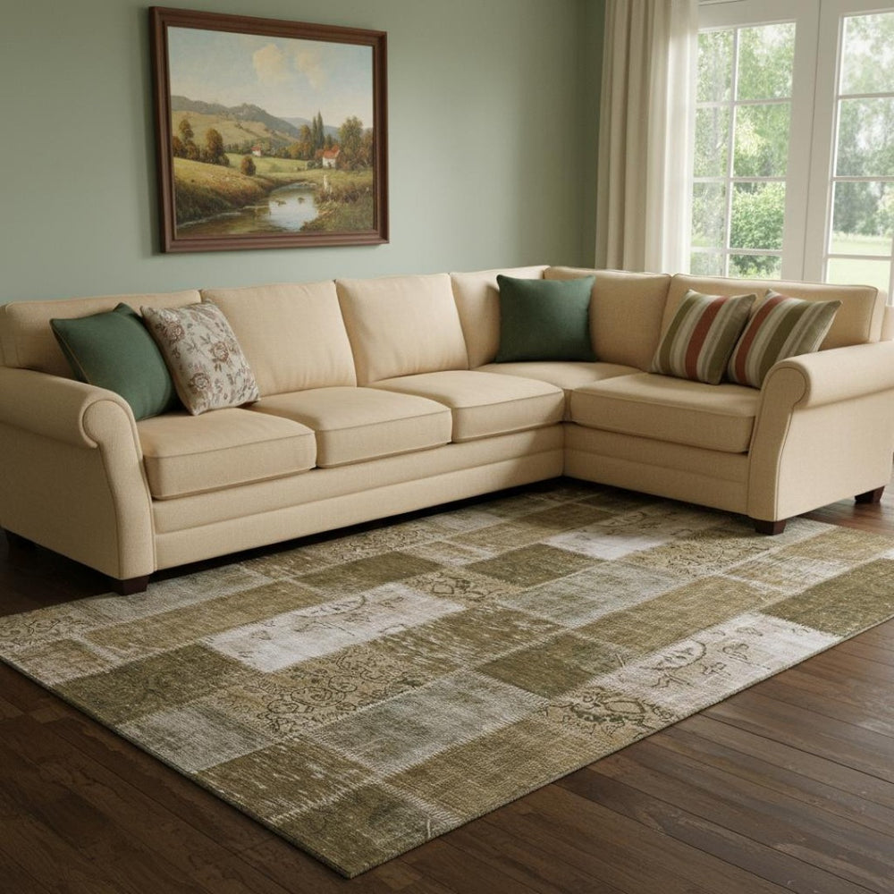 HomeRoots 9' X 12' Brown And Ivory Patchwork Area Rug - Washable, Stain-Resistant, UV Protected for Durability 652928