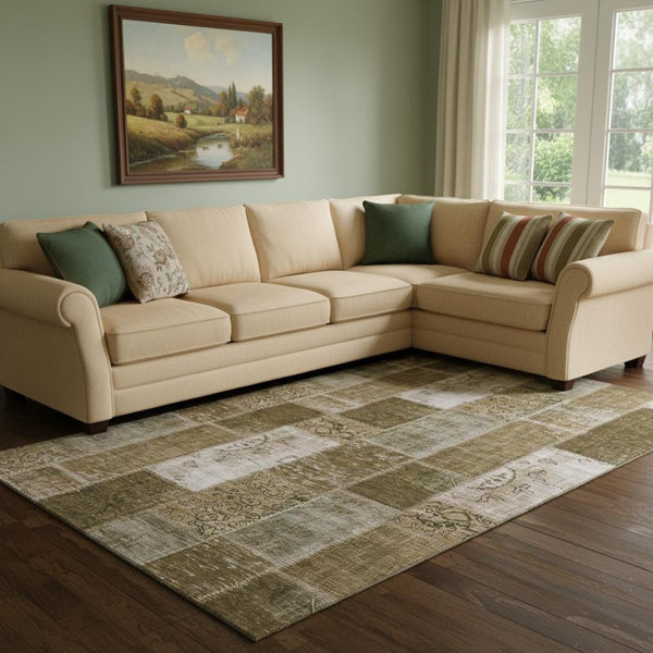 HomeRoots 9' X 12' Brown And Ivory Patchwork Area Rug - Washable, Stain-Resistant, UV Protected for Durability 652928