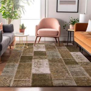 HomeRoots 9' X 12' Brown And Ivory Patchwork Area Rug - Washable, Stain-Resistant, UV Protected for Durability 652928
