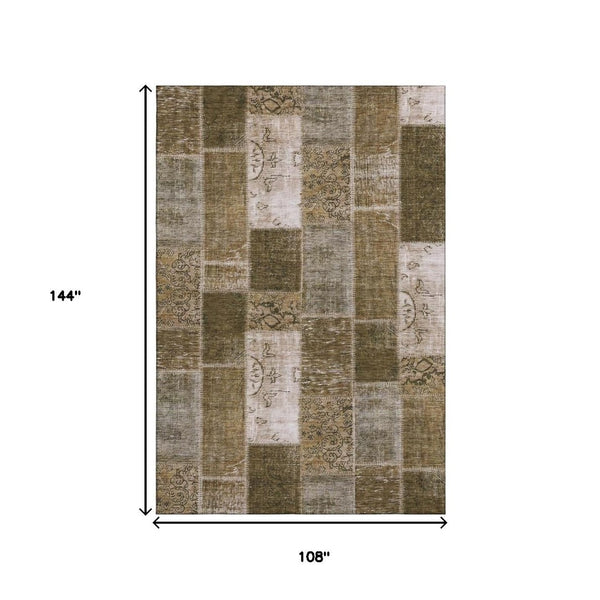 HomeRoots 9' X 12' Brown And Ivory Patchwork Area Rug - Washable, Stain-Resistant, UV Protected for Durability 652928