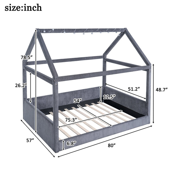 English Elm Full Size Upholstered House Daybed With Led Light Strips, Cozy Grey Corduroy For Stylish Spaces N7500001335E