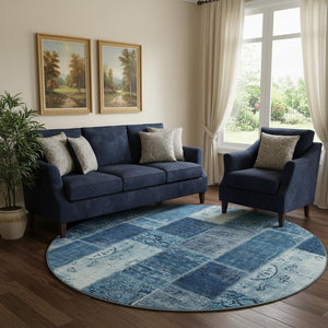 HomeRoots 8' Blue and Ivory Patchwork Round Rug - Stylish, Washable, UV Protected for Family Rooms & Patios! 652932