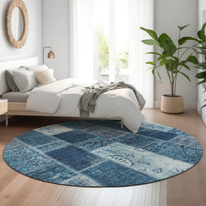 HomeRoots 8' Blue and Ivory Patchwork Round Rug - Stylish, Washable, UV Protected for Family Rooms & Patios! 652932