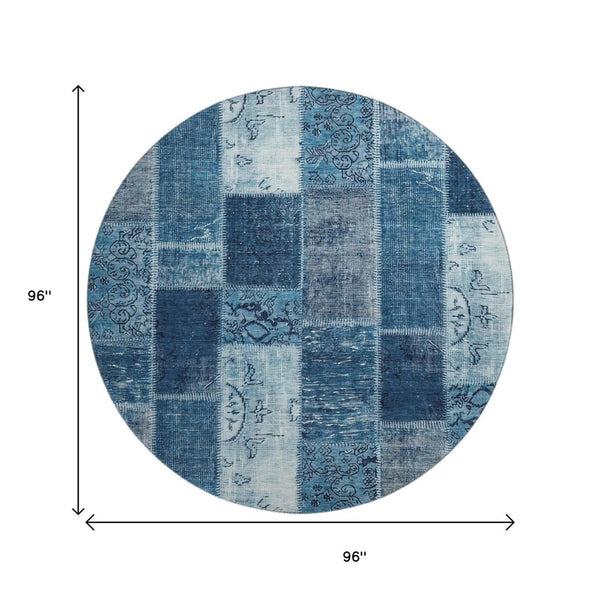 HomeRoots 8' Blue and Ivory Patchwork Round Rug - Stylish, Washable, UV Protected for Family Rooms & Patios! 652932