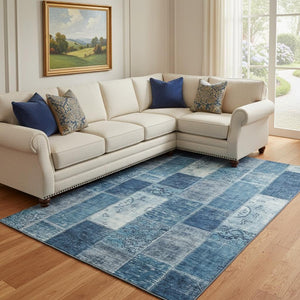 HomeRoots 10' Blue and Ivory Patchwork Washable Area Rug with UV Protection, Perfect for Family Homes & Pets! 652935