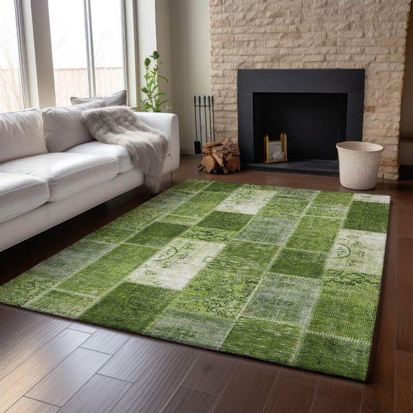 HomeRoots 5' X 8' Olive Green & Ivory Patchwork Rug - Durable, Washable, UV-Protected for High-Traffic Spaces 652937