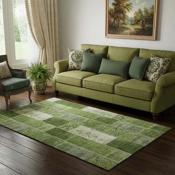 HomeRoots 5' X 8' Olive Green & Ivory Patchwork Rug - Durable, Washable, UV-Protected for High-Traffic Spaces 652937