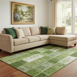 HomeRoots 8' X 10' Olive Green & Ivory Patchwork Area Rug - Washable, UV-Resistant, Durable for Family Life 652939