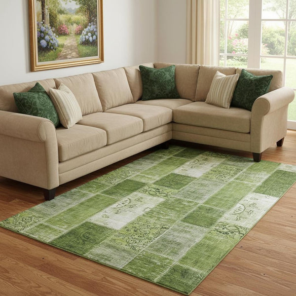 HomeRoots 9' X 12' Olive Green & Ivory Patchwork Area Rug - Washable, UV Protected, Perfect for Families & Pets 652940