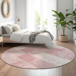 HomeRoots 8' Pink and Ivory Patchwork Round Rug – Washable, Stain Resistant, UV Protected for Elegant Spaces 652944