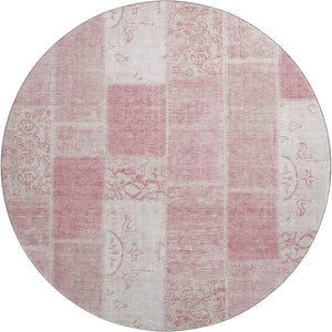 HomeRoots 8' Pink and Ivory Patchwork Round Rug – Washable, Stain Resistant, UV Protected for Elegant Spaces 652944