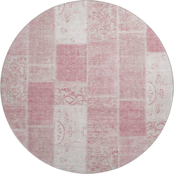 HomeRoots 8' Pink and Ivory Patchwork Round Rug – Washable, Stain Resistant, UV Protected for Elegant Spaces 652944