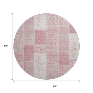 HomeRoots 8' Pink and Ivory Patchwork Round Rug – Washable, Stain Resistant, UV Protected for Elegant Spaces 652944