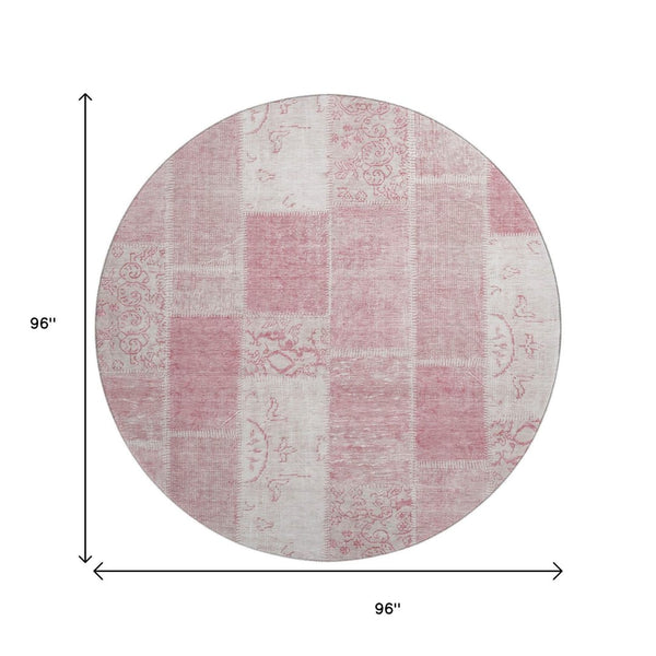 HomeRoots 8' Pink and Ivory Patchwork Round Rug – Washable, Stain Resistant, UV Protected for Elegant Spaces 652944