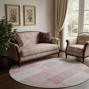 HomeRoots 8' Pink and Ivory Patchwork Round Rug – Washable, Stain Resistant, UV Protected for Elegant Spaces 652944