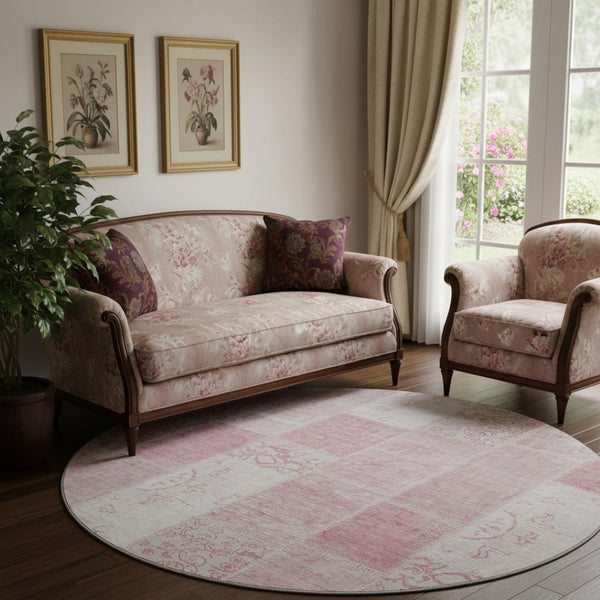 HomeRoots 8' Pink and Ivory Patchwork Round Rug – Washable, Stain Resistant, UV Protected for Elegant Spaces 652944