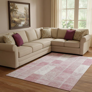 HomeRoots 8' X 10' Pink and Ivory Patchwork Area Rug - Washable, Stain-Resistant, UV Protected for Kids & Pets 652945