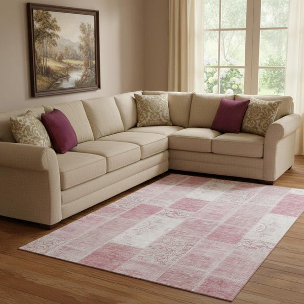 HomeRoots 8' X 10' Pink and Ivory Patchwork Area Rug - Washable, Stain-Resistant, UV Protected for Kids & Pets 652945