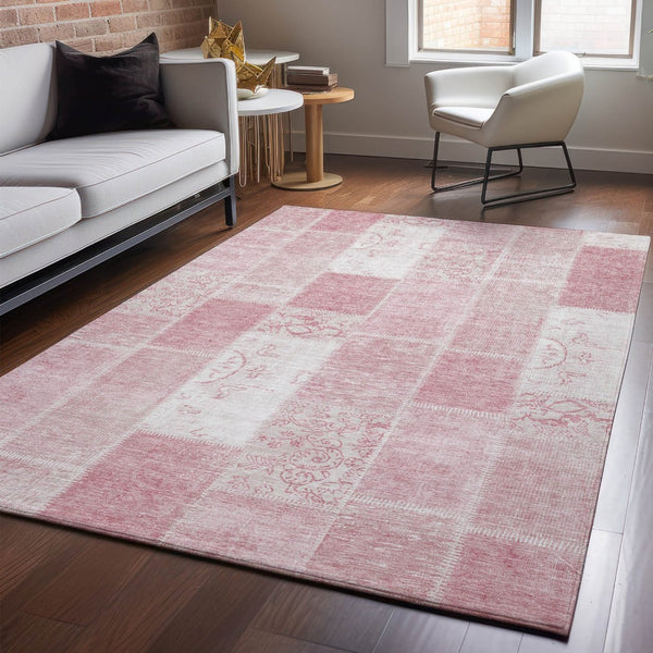 HomeRoots 8' X 10' Pink and Ivory Patchwork Area Rug - Washable, Stain-Resistant, UV Protected for Kids & Pets 652945