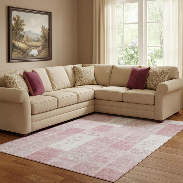 HomeRoots 9' X 12' Pink and Ivory Patchwork Area Rug - Durable, Stain-Resistant, UV Protected for Busy Homes 652946