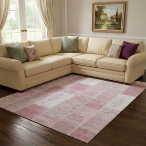 HomeRoots 10' Pink and Ivory Patchwork Area Rug - Washable, UV Protected, Durable for High-Traffic Spaces 652947