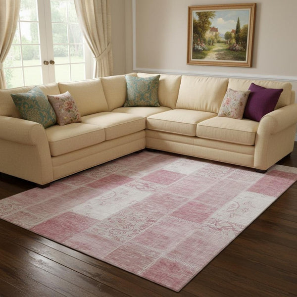 HomeRoots 10' Pink and Ivory Patchwork Area Rug - Washable, UV Protected, Durable for High-Traffic Spaces 652947