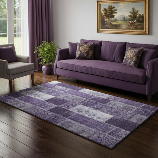 HomeRoots 5' X 8' Patchwork Purple & Ivory Area Rug – Washable, Stain-Resistant, UV Protected for Modern Spaces 652949