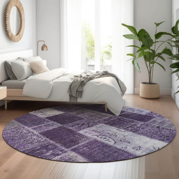 HomeRoots 8' Washable Round Rug in Purple & Ivory Patchwork – Stain Resistant, UV Protected, Durable & Stylish! 652950