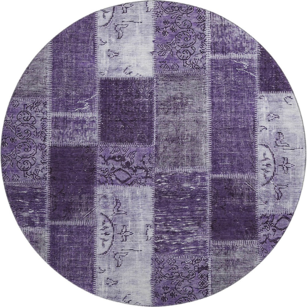 HomeRoots 8' Washable Round Rug in Purple & Ivory Patchwork – Stain Resistant, UV Protected, Durable & Stylish! 652950