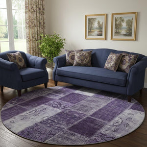 HomeRoots 8' Washable Round Rug in Purple & Ivory Patchwork – Stain Resistant, UV Protected, Durable & Stylish! 652950