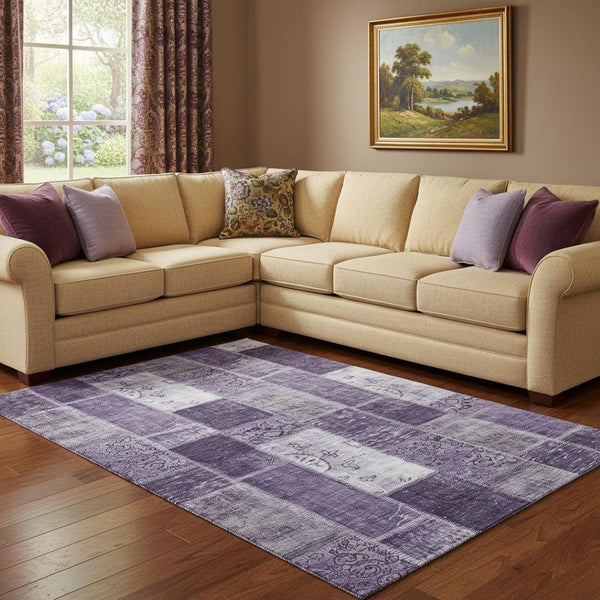 HomeRoots 9' X 12' Purple and Ivory Patchwork Area Rug - Durable, Stain-Resistant, UV Protected for Homes 652952