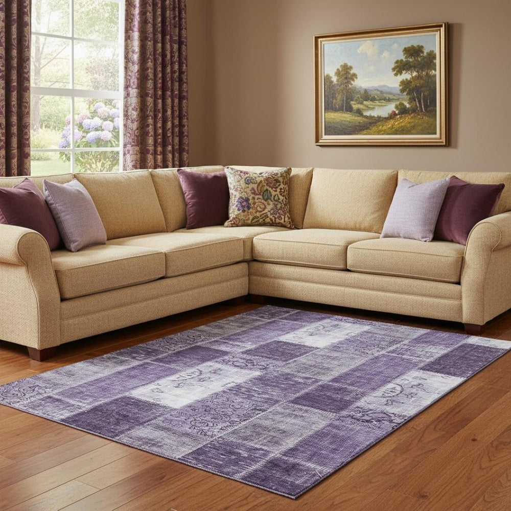 HomeRoots 10' X 14' Purple and Ivory Patchwork Washable Area Rug - UV Protected, Stain-Resistant, Stylish Design 652953