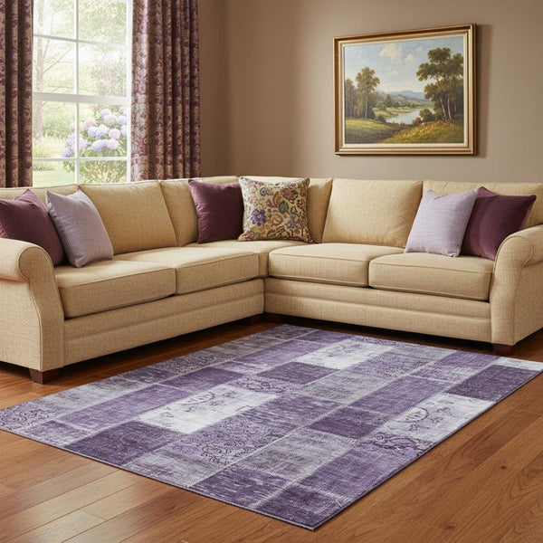HomeRoots 10' X 14' Purple and Ivory Patchwork Washable Area Rug - UV Protected, Stain-Resistant, Stylish Design 652953