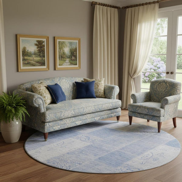 HomeRoots 8' Sky Blue & Ivory Patchwork Round Rug - Washable, UV Protected, Stain Resistant for Family Homes 652956