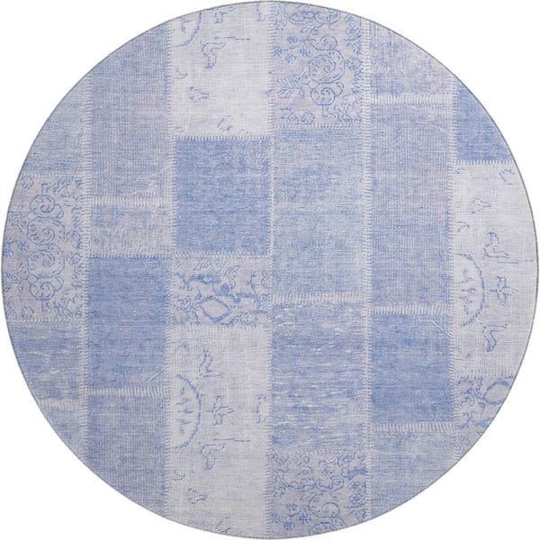 HomeRoots 8' Sky Blue & Ivory Patchwork Round Rug - Washable, UV Protected, Stain Resistant for Family Homes 652956