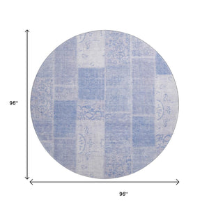 HomeRoots 8' Sky Blue & Ivory Patchwork Round Rug - Washable, UV Protected, Stain Resistant for Family Homes 652956