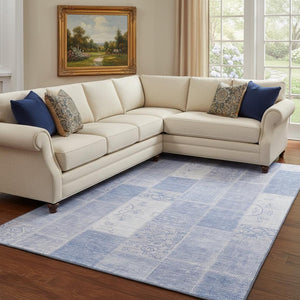 HomeRoots 8' X 10' Sky Blue Ivory Patchwork Area Rug - Durable, Washable, UV-Protected for Stylish Living Spaces 652957