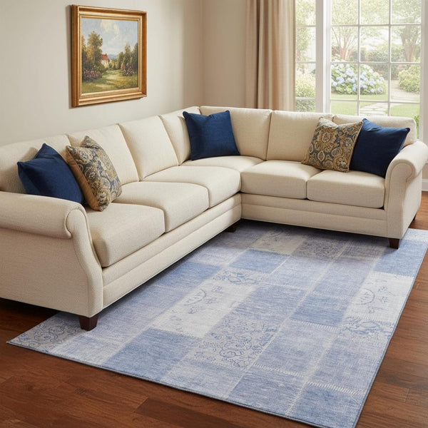 HomeRoots 9' X 12' Sky Blue & Ivory Patchwork Washable Area Rug with UV Protection for Kids & Pets' Spaces 652958