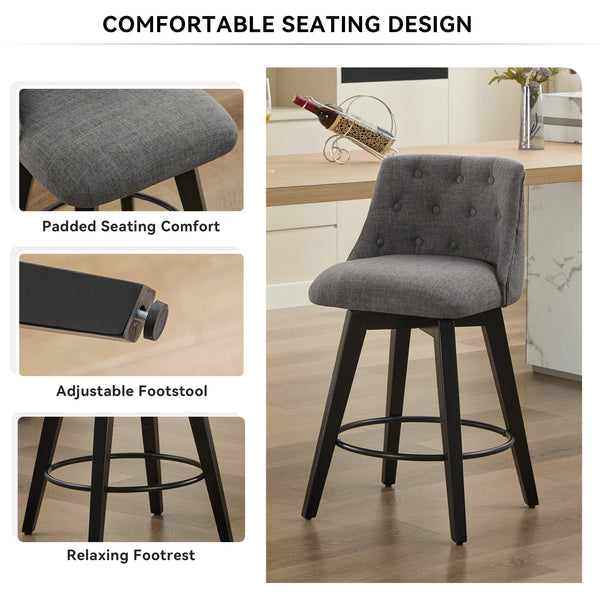 English Elm 007-360° Swivel Bar Stools Set of 2 25" Counter Height Linen Tufted Back Solid Wood Frame Durable Upholstery Dark Gray W2636P242117