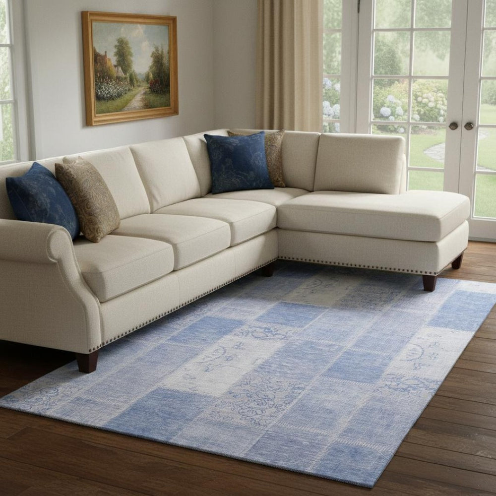HomeRoots 10' X 14' Sky Blue & Ivory Patchwork Washable Area Rug – UV Protected, Soft, Durable & Stylish! 652959