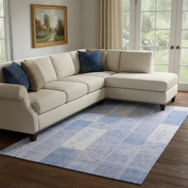HomeRoots 10' X 14' Sky Blue & Ivory Patchwork Washable Area Rug – UV Protected, Soft, Durable & Stylish! 652959