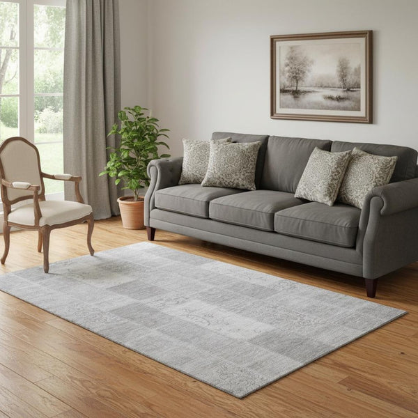 HomeRoots 5' X 8' Stylish Silver and Ivory Patchwork Area Rug - Washable, UV Protected, Perfect for High-Traffic Areas! 652961