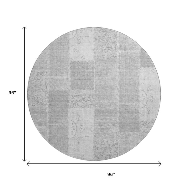 HomeRoots 8' Stylish Silver and Ivory Patchwork Washable Round Rug with UV Protection for Family Spaces 652962