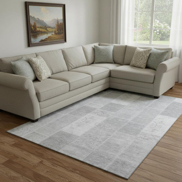 HomeRoots 8' X 10' Elegant Silver & Ivory Patchwork Area Rug - Washable, UV Protected, Stain Resistant Design 652963