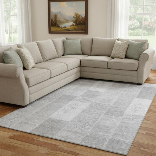 HomeRoots 9' X 12' Silver and Ivory Patchwork Area Rug - Washable, UV Protected, Perfect for High-Traffic Homes 652964