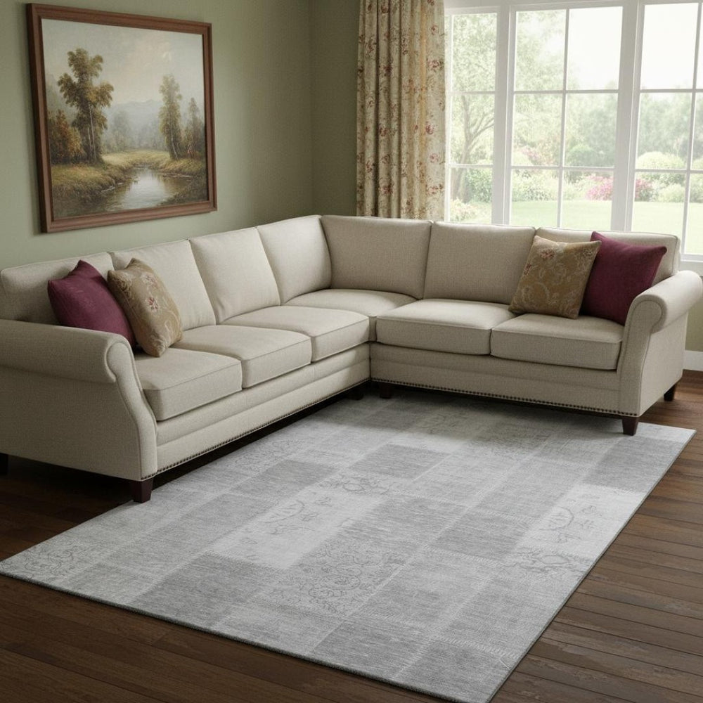 HomeRoots 10' X 14' Elegant Silver & Ivory Patchwork Washable Area Rug with UV Protection for Homes & Pets 652965